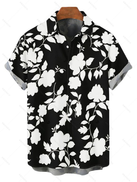 Vacation Couple Outfit Floral Leaf Silhouette Print Cap Sleeve Dress and Shirt Set - Noir S | US 4