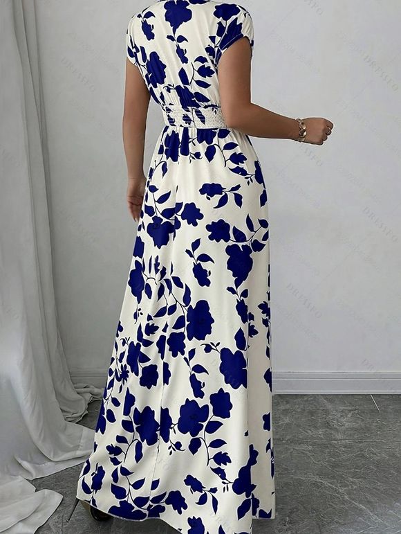 Robe de vacances imprimée de feuilles et de silhouettes, manches courtes, col en V, robe longue cache-cœur - Bleu Marine XXL | US 14