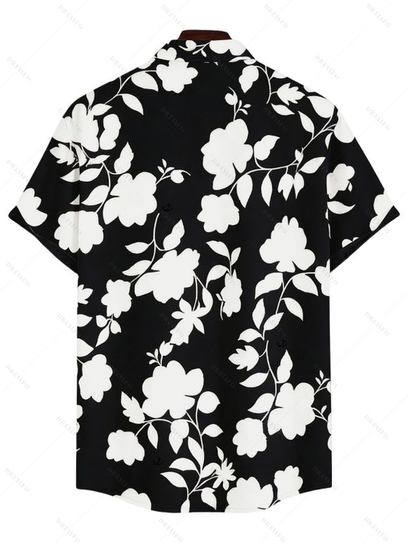 Vacation Couple Outfit Floral Leaf Silhouette Print Cap Sleeve Dress and Shirt Set - Noir S | US 4