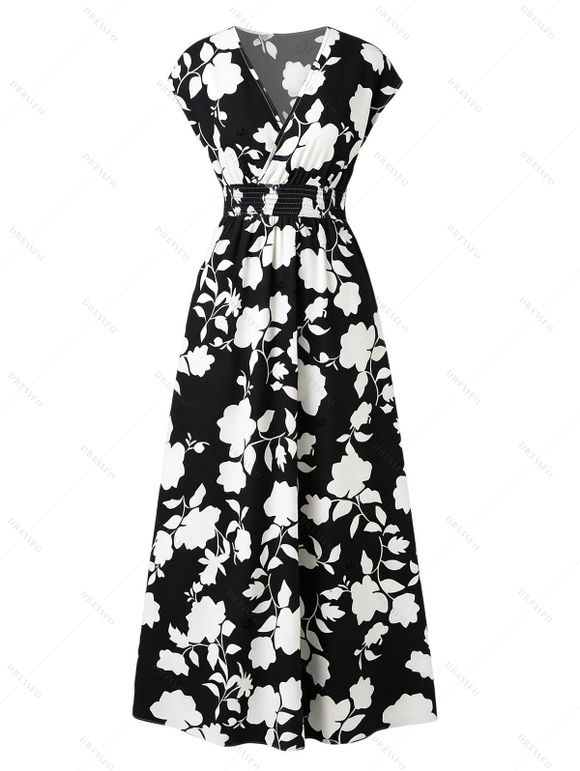Vacation Couple Outfit Floral Leaf Silhouette Print Cap Sleeve Dress and Shirt Set - Noir S | US 4