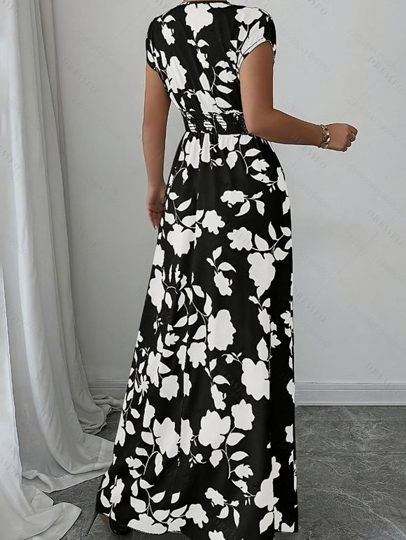 Vacation Couple Outfit Floral Leaf Silhouette Print Cap Sleeve Dress and Shirt Set - Noir S | US 4