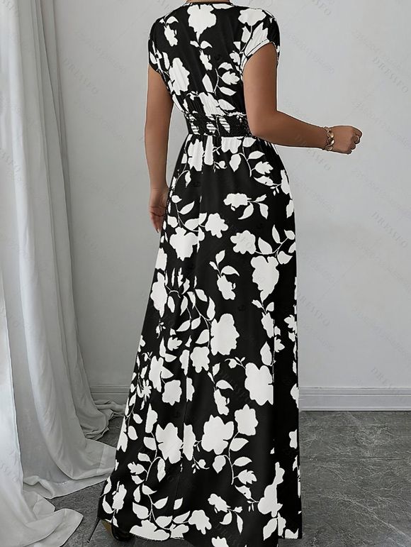 Robe de vacances imprimée de feuilles et de silhouettes, manches courtes, col en V, robe longue cache-cœur - Noir XL | US 12