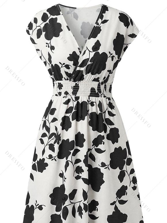 Robe de vacances imprimée de feuilles et de silhouettes, manches courtes, col en V, robe longue cache-cœur - Blanc XXL | US 14