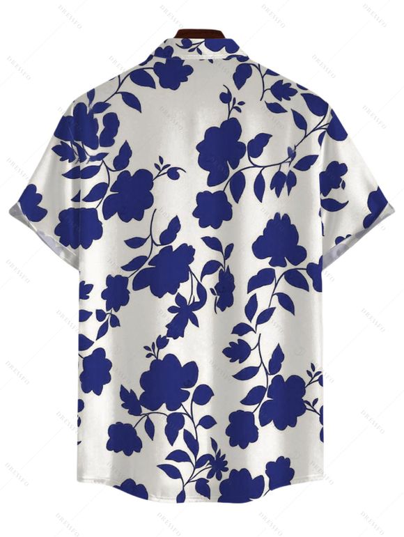 Chemise de vacances pour homme, imprimé floral et silhouette de feuilles, boutonnée - Bleu Marine 5XL