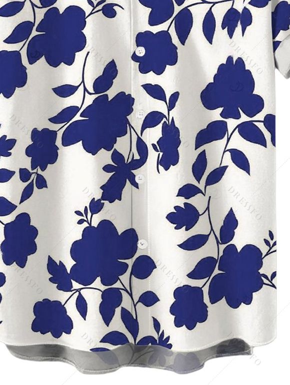 Chemise de vacances pour homme, imprimé floral et silhouette de feuilles, boutonnée - Bleu Marine 5XL