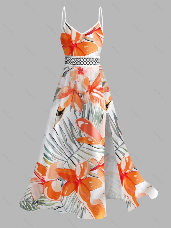 Vacation Couple Outfit Watercolor Hibiscus Leaf Print Hollow Out Slit Dress and Shirt Set - Orange S | US 4