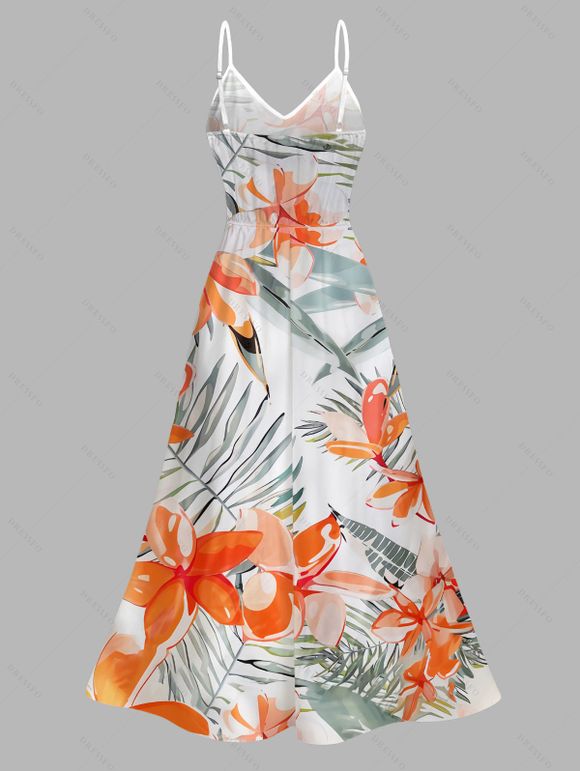 Vacation Couple Outfit Watercolor Hibiscus Leaf Print Hollow Out Slit Dress and Shirt Set - Orange S | US 4