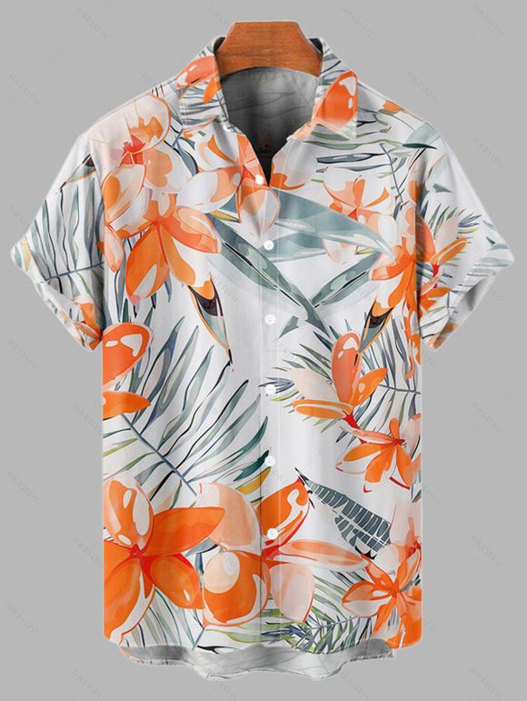 Vacation Couple Outfit Watercolor Hibiscus Leaf Print Hollow Out Slit Dress and Shirt Set - Orange S | US 4