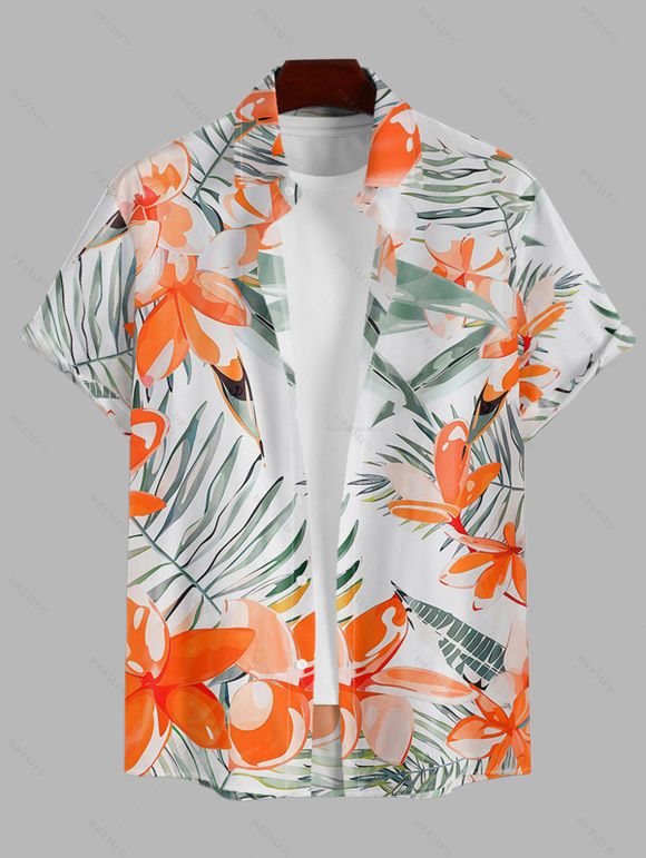 Vacation Couple Outfit Watercolor Hibiscus Leaf Print Hollow Out Slit Dress and Shirt Set - Orange S | US 4