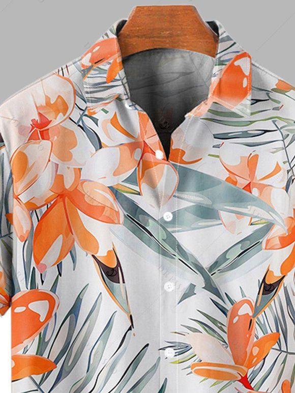 Vacation Couple Outfit Watercolor Hibiscus Leaf Print Hollow Out Slit Dress and Shirt Set - Orange S | US 4