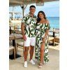 Vacation Couple Outfit Leaf Patten Off the Shoulder Slit Dress and Shirt Set