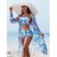 Ensemble de maillot de bain trois pièces pour vacances, imprimé tropical de feuilles de palmier, shorty élastiqué et paréo - Bleu clair XL | US 10