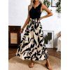 Robe longue élégante à imprimé feuilles minimaliste colorblock et ceinture crantée en V - Noir XL | US 10