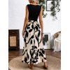 Robe longue élégante à imprimé feuilles minimaliste colorblock et ceinture crantée en V - Noir XL | US 10