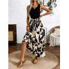 Robe longue élégante à imprimé feuilles minimaliste colorblock et ceinture crantée en V - Noir XL | US 10