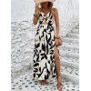 Robe de vacances minimaliste à motif de feuilles, découpe torsadée, fente, dos nu - Noir S | US 4