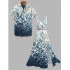 Vacation Couple Outfit Watercolor Vine Leaf Print Lace Hollow Out Slit Dress and Shirt Set - Paon Bleu S | US 4