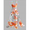 Vacation Couple Outfit Watercolor Hibiscus Leaf Print Hollow Out Slit Dress and Shirt Set - Orange S | US 4