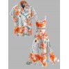 Vacation Couple Outfit Watercolor Hibiscus Leaf Print Hollow Out Slit Dress and Shirt Set - Orange S | US 4