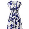 Robe de vacances imprimée de feuilles et de silhouettes, manches courtes, col en V, robe longue cache-cœur - Bleu Marine XXL | US 14