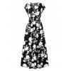 Robe de vacances imprimée de feuilles et de silhouettes, manches courtes, col en V, robe longue cache-cœur - Noir XL | US 12