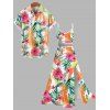 Vacation Couple Outfit Hibiscus Floral Leaf Print Lace Hollow Out Slit Dress and Shirt Set - Orange S | US 4