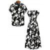 Vacation Couple Outfit Floral Leaf Silhouette Print Cap Sleeve Dress and Shirt Set - Noir S | US 4