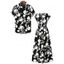 Vacation Couple Outfit Floral Leaf Silhouette Print Cap Sleeve Dress and Shirt Set - Blanc S | US 4