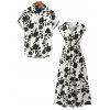 Vacation Couple Outfit Floral Leaf Silhouette Print Cap Sleeve Dress and Shirt Set - Blanc S | US 4