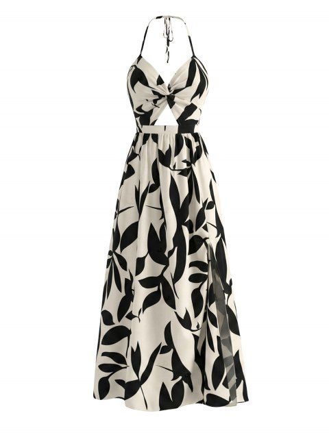Vacation Dress Minimalist Leaf Pattern Twisted Cut Out Slit Halter Maxi Dress