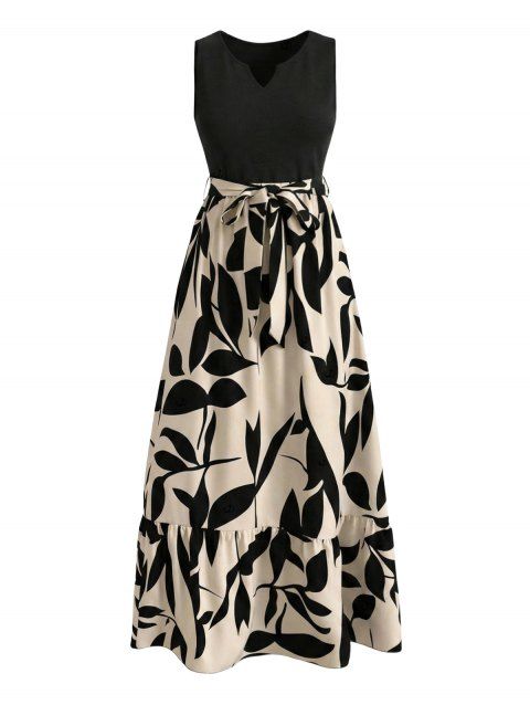 Elegant Dress Colorblock Minimalist Leaf Print V Notched Belt Maxi Dress