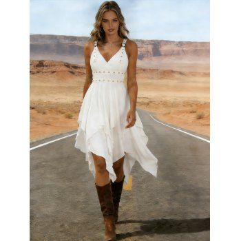 Plain Color Layered Dress Grommet Plunging Neck Empire Waist Adjustable Strap Asymmetrical Midi Dress