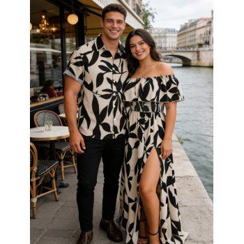Tropical Leaf Matching Couple Vacation Outfit Off Shoulder Slit Maxi Dress and Hawaiian Shirt Set