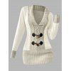 Pull décontracté à col plongeant et boutons en corne de couleur contrastée - Beige XXXXL