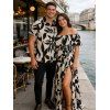 Vacation Couple Outfit Leaf Patten Off the Shoulder Slit Dress and Shirt Set