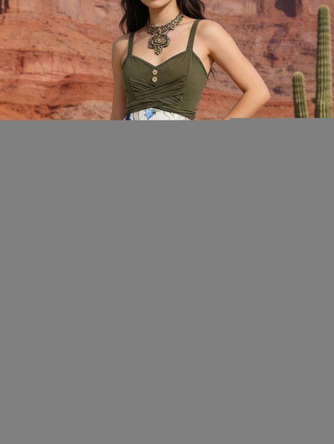 Robe D'Eté Fleurie Croisée Imprimée à Bretelle Fine avec Bouton