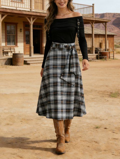 Robe à Carreaux Imprimé Nouée à Epaule Dénudée