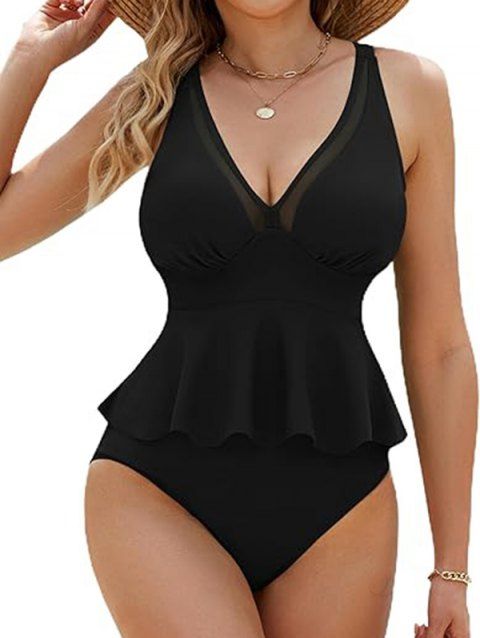 Ensemble de maillot de bain de vacances : slip gainant croisé à empiècement en résille et ourlet péplum