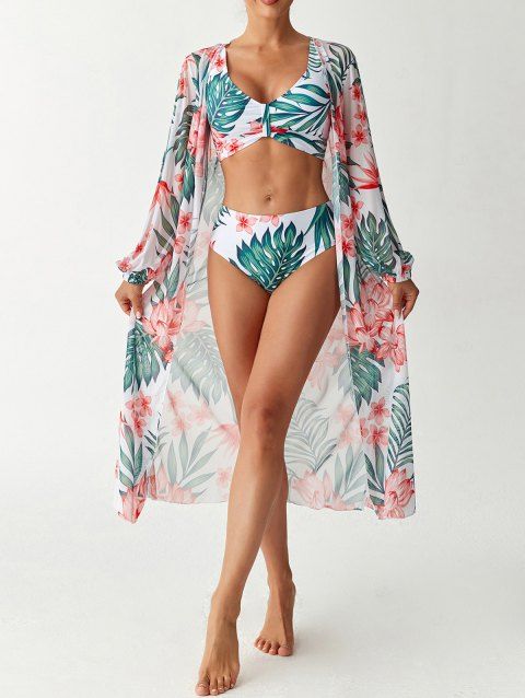 Ensemble de maillot de bain trois pièces bikini, paréo à imprimé floral et feuilles botaniques, idéal pour les vacances.