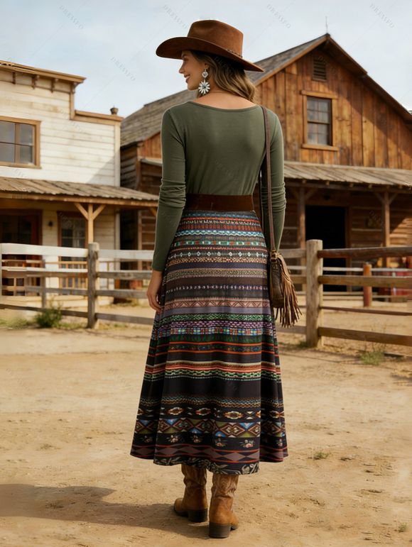 Robe Mi-Longue Ethnique Ceinturée en Dentelle Insérée à Taille Haute - Vert profond M | US 6