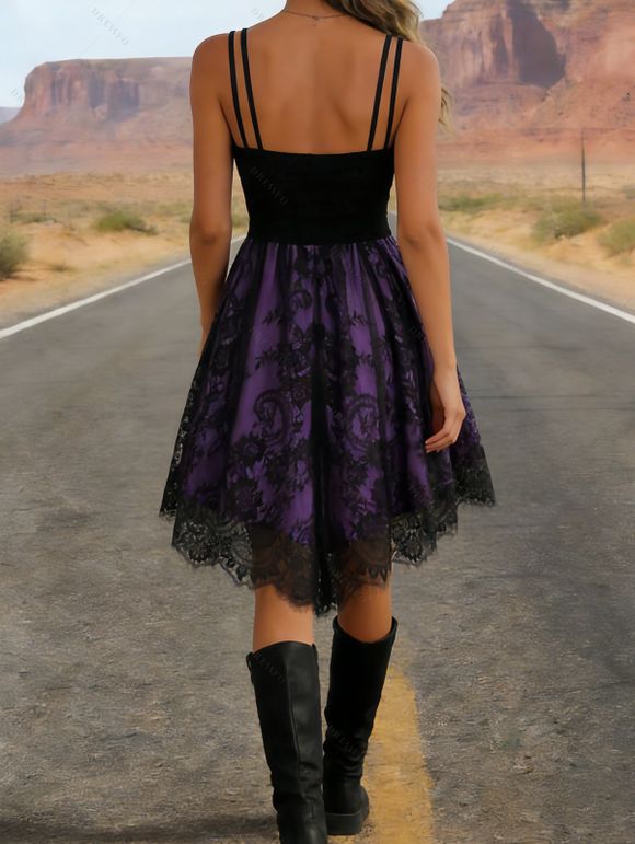 Robe Corset à Bretelle Fine Fleur Imprimée en Dentelle Insérée avec Ceinture - Pourpre XL | US 12