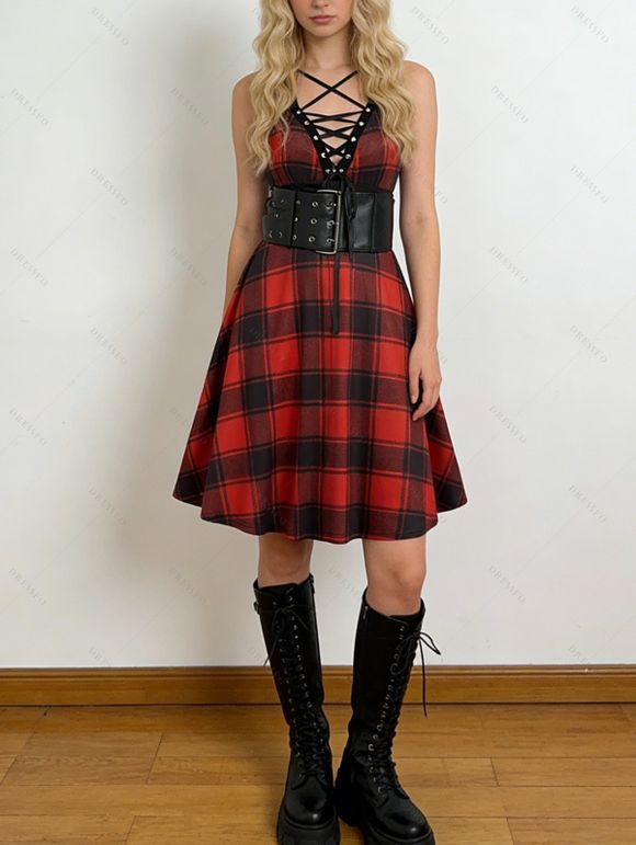 Robe D'été à Carreaux Imprimé à Bretelles Spaghetti à Lacets sans Manches - Noir S | US 4