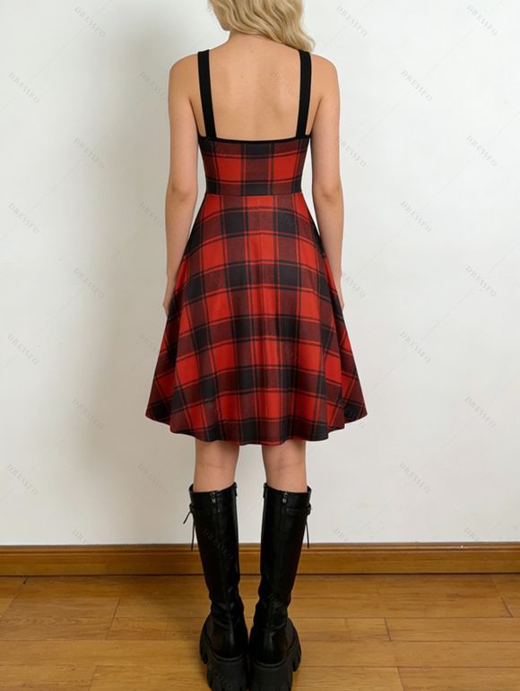 Robe D'été à Carreaux Imprimé à Bretelles Spaghetti à Lacets sans Manches - Noir S | US 4