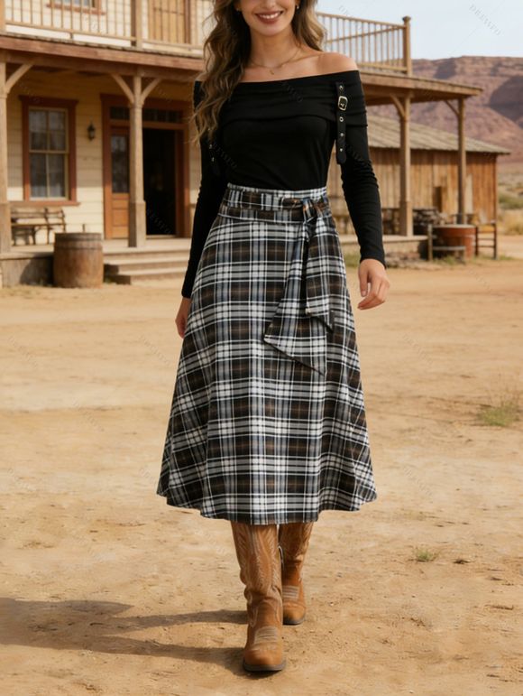 Robe à Carreaux Imprimé Nouée à Epaule Dénudée - Noir XXL | US 14