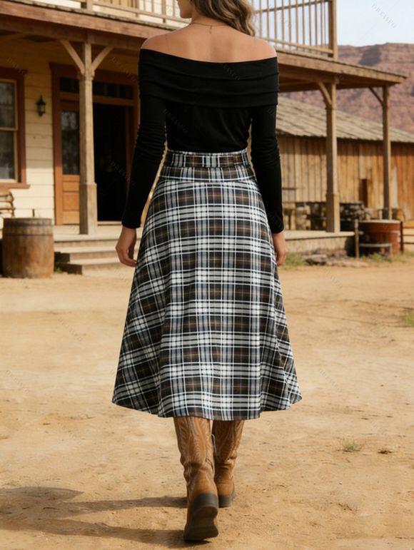 Robe à Carreaux Imprimé Nouée à Epaule Dénudée - Noir XXL | US 14