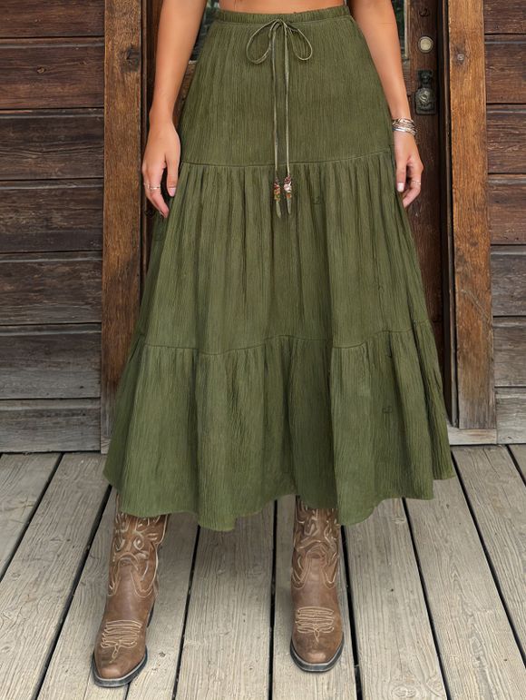 Jupe Mi-longue de Vacances Perlée Superposée à Taille Haute - Vert profond S | US 4