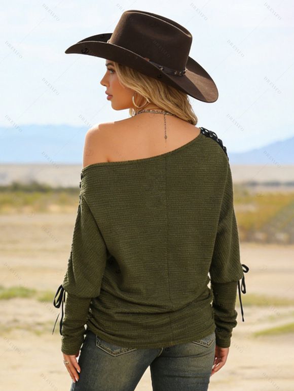 Haut à lacets et œillets, couleur unie, col oblique, manches longues - Vert Armée XL | US 12