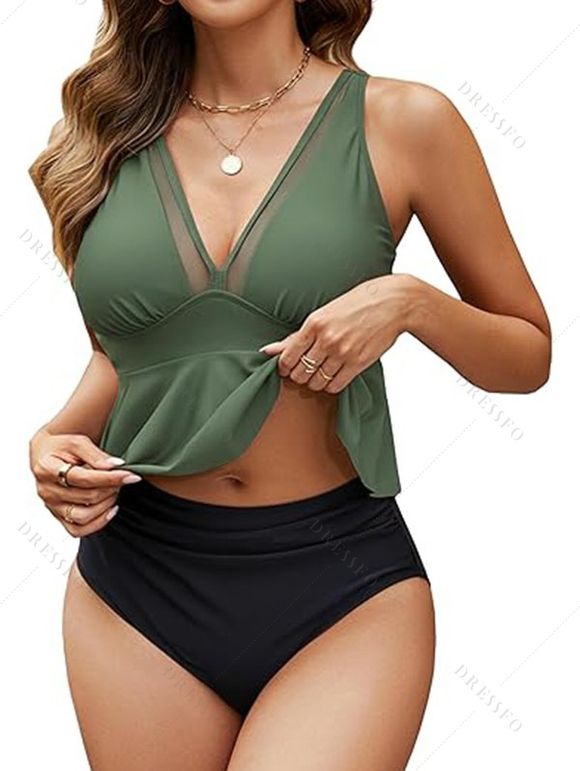 Ensemble de maillot de bain de vacances : slip gainant croisé à empiècement en résille et ourlet péplum - Vert Armée XXL | US 12