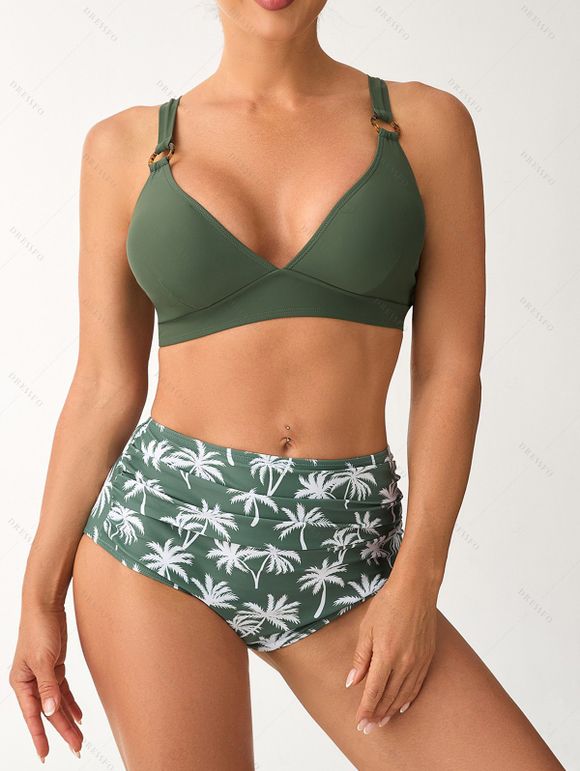 Ensemble de maillot de bain bikini de vacances, dos croisé, imprimé cocotier, bas froncé - Vert Armée L | US 8