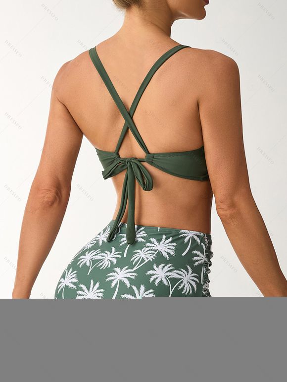 Ensemble de maillot de bain bikini de vacances, dos croisé, imprimé cocotier, bas froncé - Vert Armée L | US 8